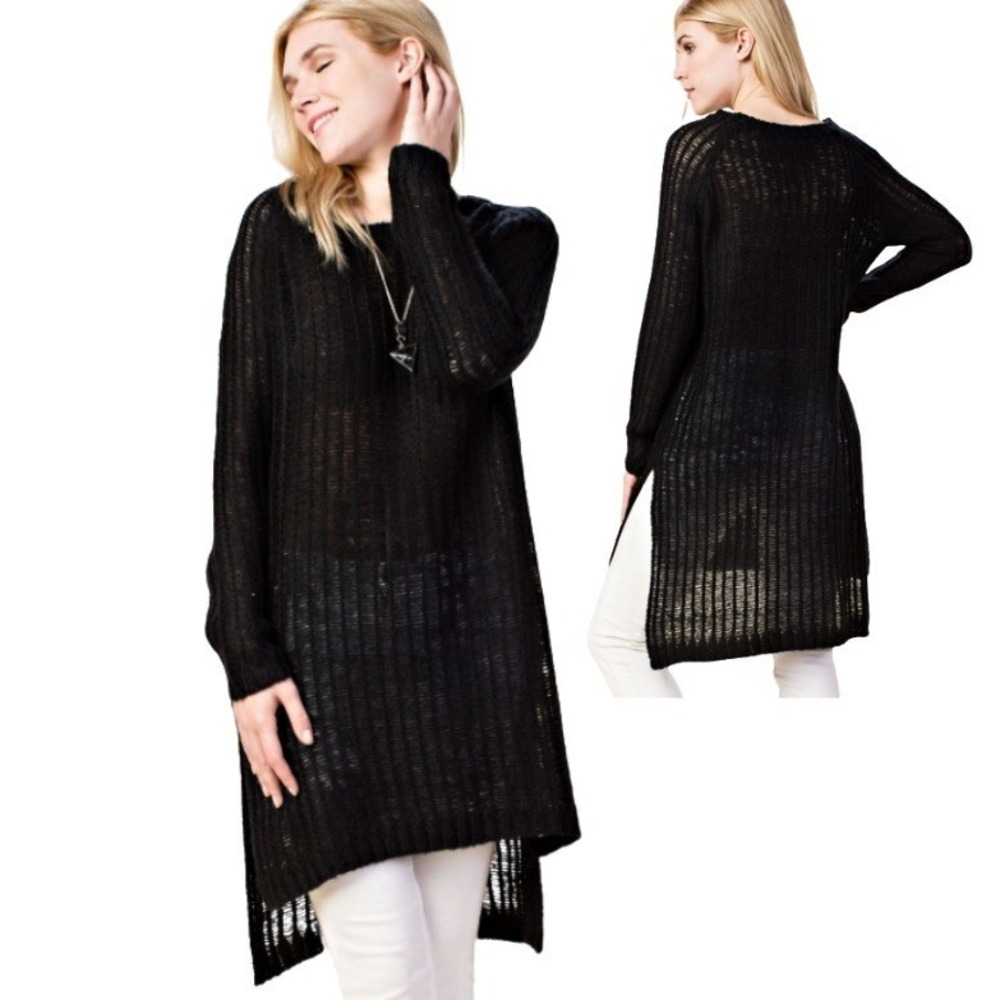 VOCAL Black‎ Knit Tunic Sweater Dress Long Sleeve Hi-Lo Hemline Size L/XL NWT